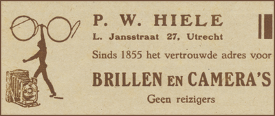 717254 Advertentie van P.W. Hiele, Opticien, Lange Jansstraat 27 te Utrecht.